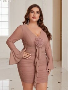 SHEIN Belle 3d Flower Pleated Dress Plus Size Dress - Dusty Pink - View 7