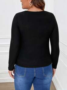 SHEIN Franclia Plus Size Women Solid Color Round Ring Connection Hollow Long Sleeve Ribbed Casual T-Shirt, Autumn - Black - View 2