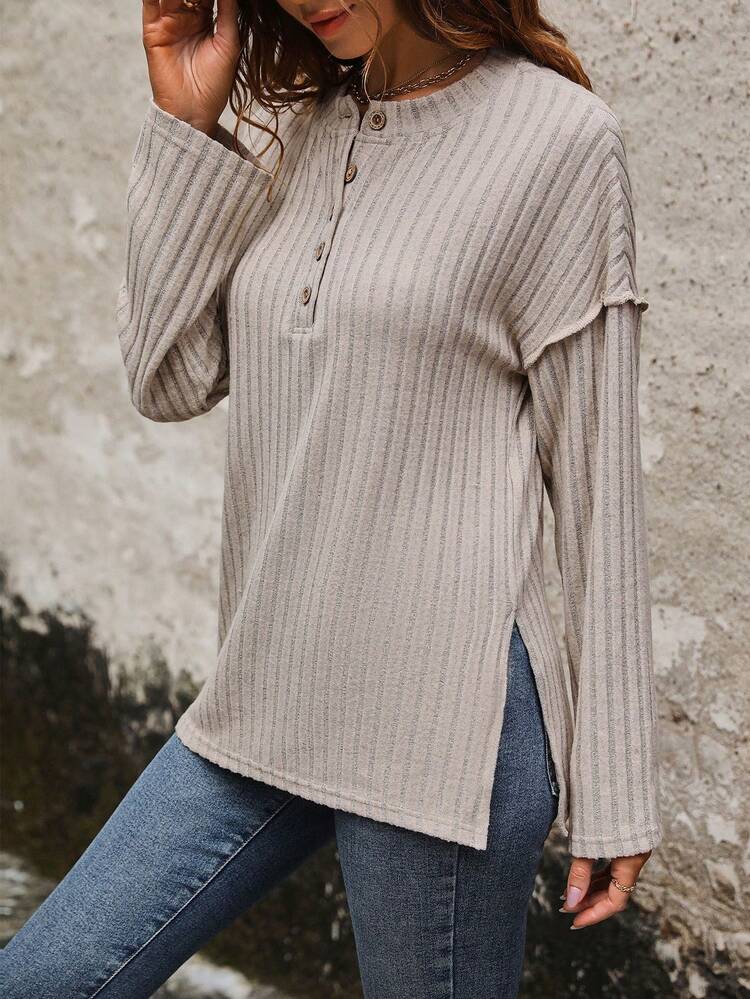 Women's Round Neck Drop Shoulder Ribbed T-shirt