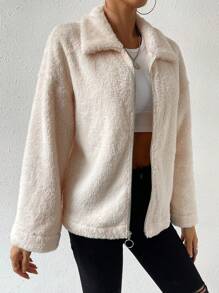 SHEIN Essnce Furry Zipper Closure Drop Shoulder Sleeve Jacket - Apricot - View 6