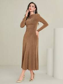 Modelyn 纯色女式收腰带袖连衣裙长款晚礼服 - 棕色 - 查看 6