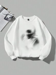 SHEIN EZwear 極簡主義休閒抽象印花華美領女款長袖汗衫 - 白色 - 查看 1