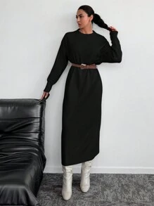 EURMUSE Round Neck Drop Shoulder Sweater Dress (Belt Not Included) - Black - View 4