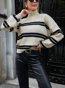 EURMUSE Striped Pattern Turtleneck Drop Shoulder Sweater - Black and White - View 1