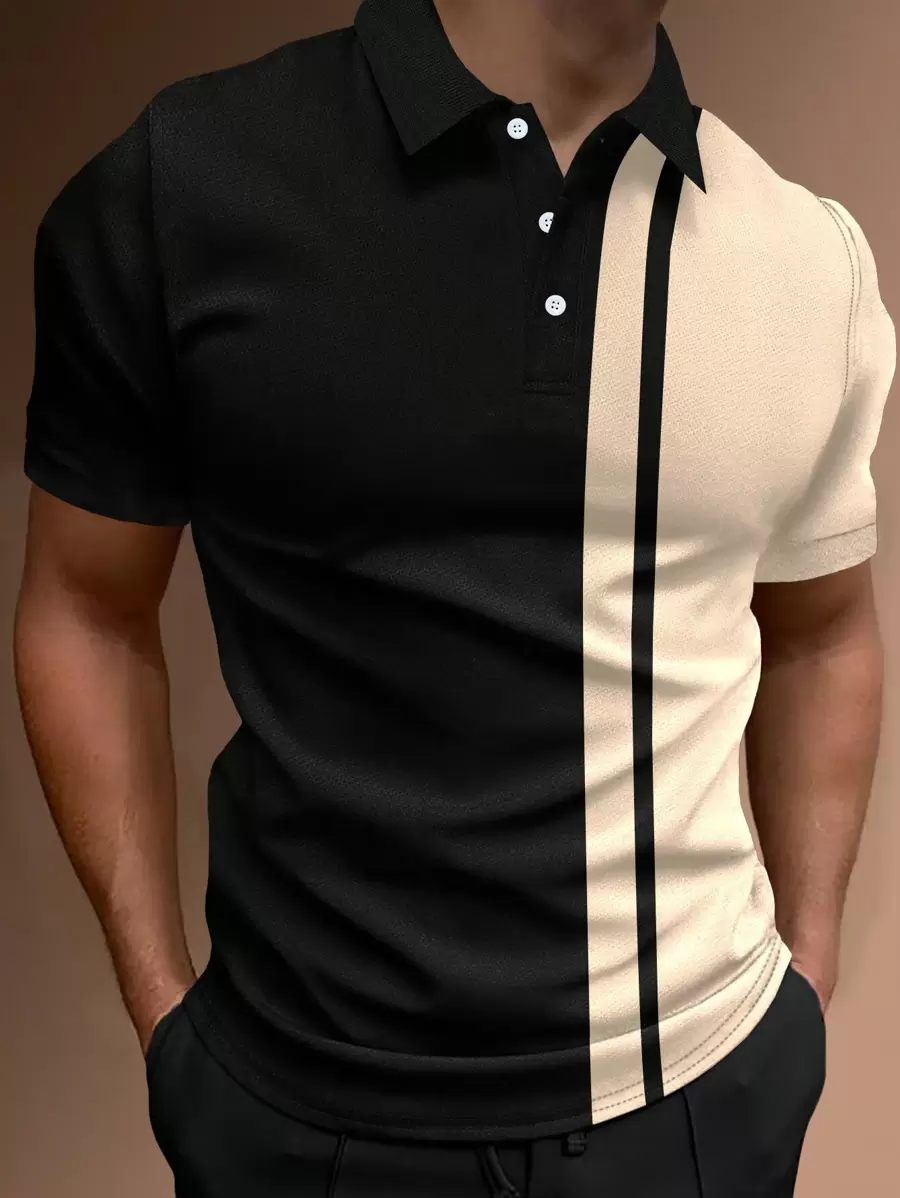 Manfinity Homme Men Color Block Quarter Button Work Casual Polo Shirt, Boyfriend Gift - Black - View 1