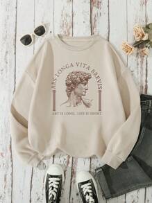 INAWLY Women's Plus Size Sculpture Graphic Drop Shoulder Sweatshirt With Slogan Print, ART IS LONG, LIFE IS SHORT, For Winter Pullover Fall - Beige - View 5