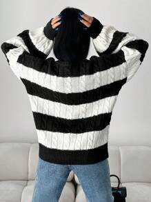 EURMUSE Women's Striped V-neck Sweater - Black - View 2