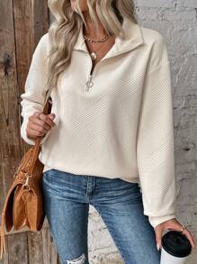 SHEIN LUNE Zipper Half Placket Drop Shoulder Sleeve Sweatshirt - Apricot - View 1