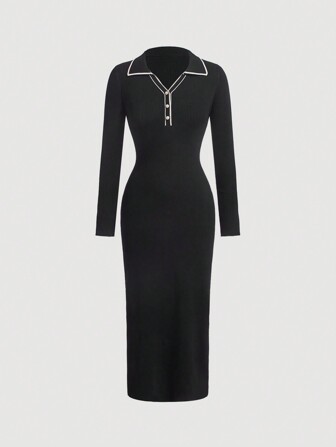 SHEIN MOD 秋冬用 レディース ハーフボタン カーディガン セーター ワンピース コントラストトリミング付き