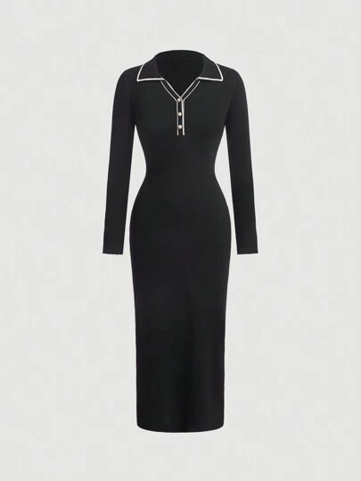 SHEIN MOD 秋冬女式半扣开衫毛衣裙，撞色饰边