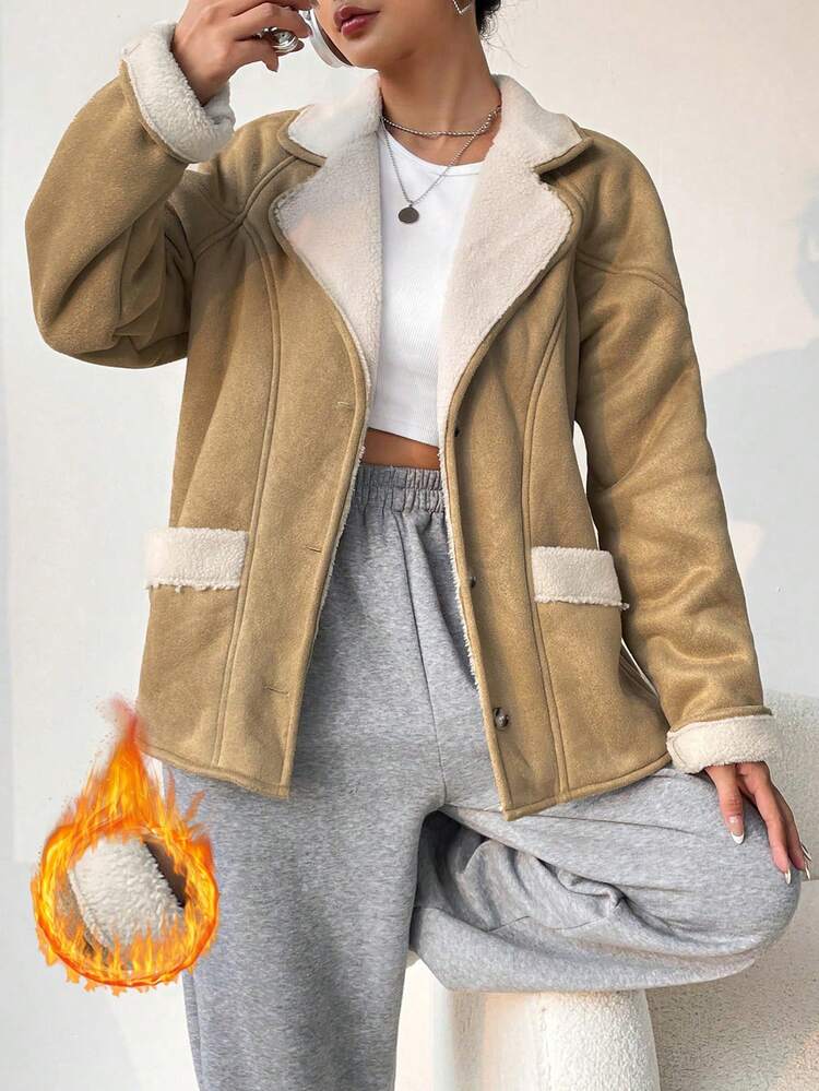 Loose Fit Fur-Trimmed Faux Leather Raglan Sleeve Coat