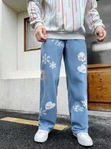 Manfinity Hypemode Men's Snowflake & Skeleton Printed Straight Leg Jeans