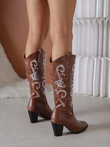 Styleloop 時尚西式刺繡女靴，女士牛仔靴 - 棕色 - 查看 6