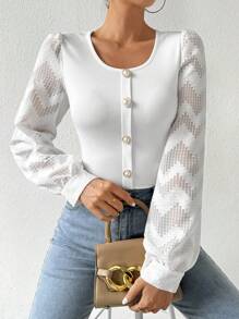 SHEIN Privé Vòng cổ mỏng Nối Của phụ nữ Áo - trắng - Xem 6