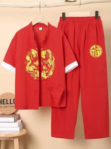 SHEIN 男孩休閒編織風龍紋襯衫和長褲漢服套裝,服裝2入組 - 紅色 - 查看 5