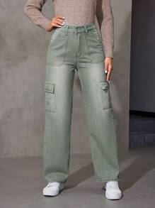 SHEIN LUNE 女用有蓋口袋直筒牛仔褲 - 綠色 - 查看 4