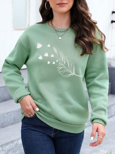 INAWLY Women's Green Tree Leaves & Heart Pattern Casual Sweatshirt With Long Sleeves Graduation,Back To School Outfits,Graduation,Teacher Outfits For Women,Back To School Pullover Fall Outfit