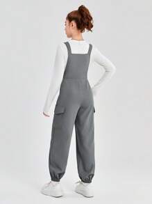 SHEIN Teen Girls Casual Woven Solid Color Pocket Cargo Adjustable Instep Jumpsuit - Grey - View 2