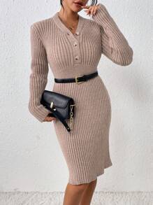 SHEIN LUNE Của phụ nữ Màu thuần Nút Thiết kế Một nửa thân trước Đồ đan Ribbed Đầm Áo len - Màu Khaki - Xem 4