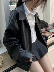 女士时尚黑色街头风格夹克，适合春秋季节 - 黑色 - 查看 5