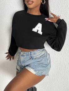 Slaydiva Áo sweatshirt nữ in chữ, kiểu dáng vai rớt - màu đen - Xem 5