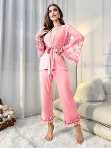 Women's Mesh Splice Ruffle Trimmed Pajama Set With Lace Decoration - Pink - View 5