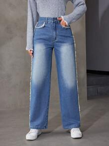 SHEIN EZwear Women's Versatile Straight Leg Jeans With Fringe Detail - Medium Wash - View 4