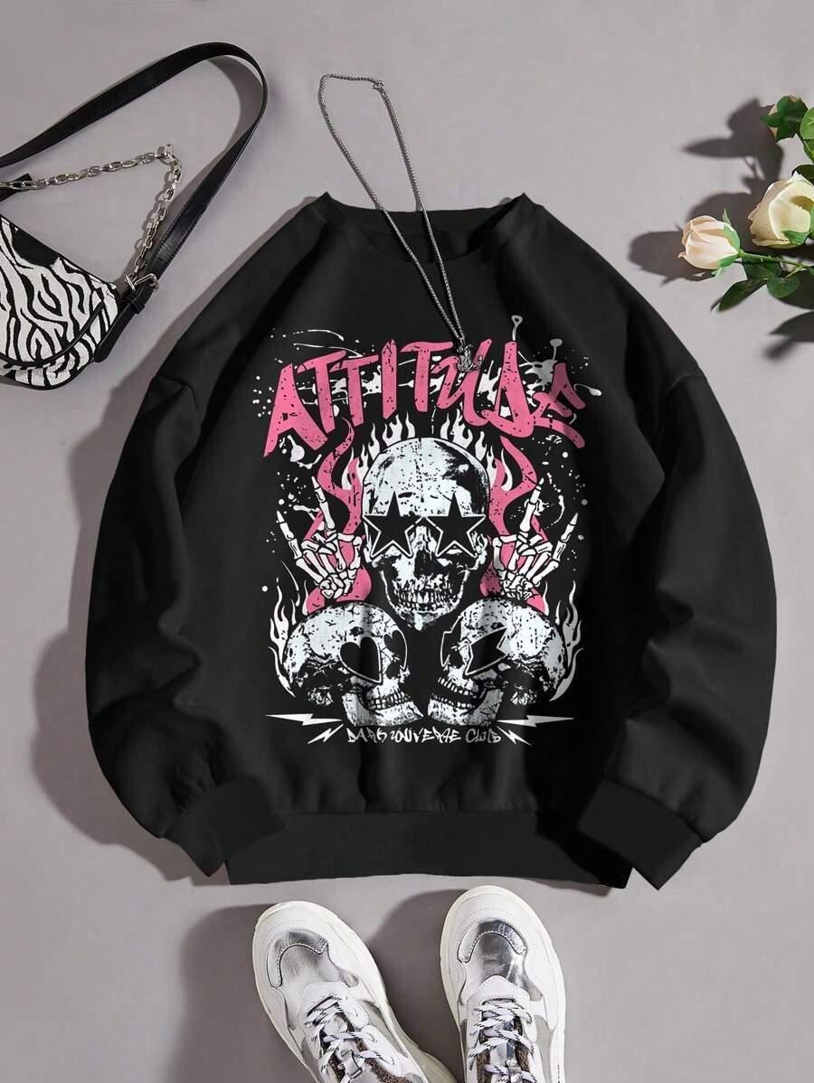 Flirla 大碼萬聖節骷髏頭和字母圖案加絨內裏運動衫 - 黑色 - 查看 1