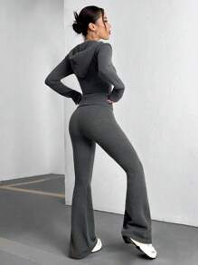 Flirla Women's Zip-Up Hooded Cardigan And Knit Flared Pants Set Fall Winter Cloth For Women - Grey - View 2