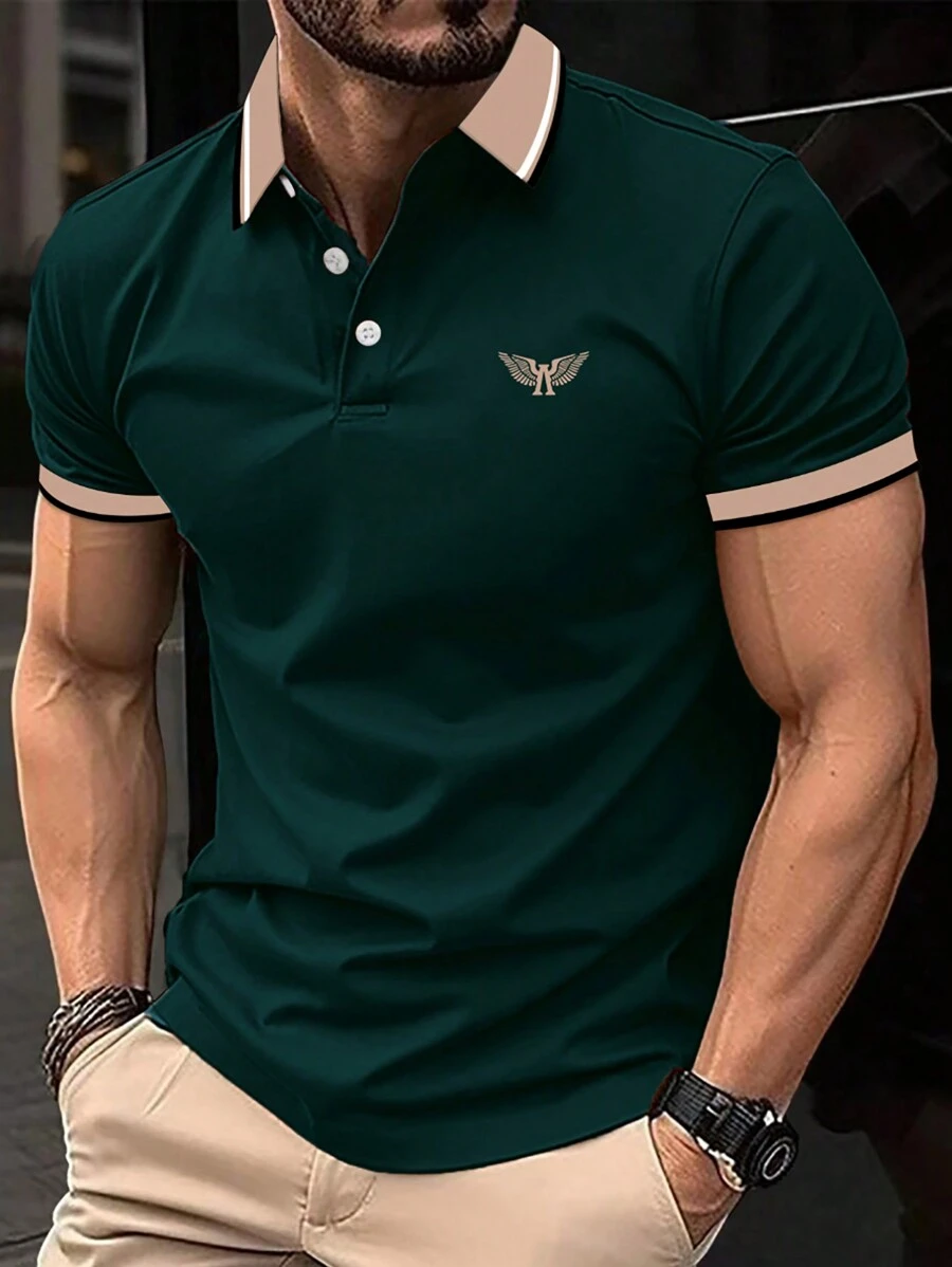 Manfinity Homme Men's Casual Printed Polo Shirt With Contrast Edge - Dark Green - View 1