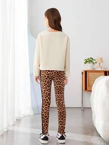 Cô gái Tween In trái tim & Da báo Áo chui đầu & Xà cạp - Màu Khaki - Xem 2