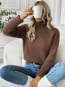 SHEIN LUNE Của phụ nữ Áo cao cổ Tay Raglan Áo len - Lạc đà - Xem 5