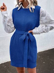 SHEIN Frenchy 女式無袖毛衣連衣裙,配腰帶 - 藍色 - 查看 4