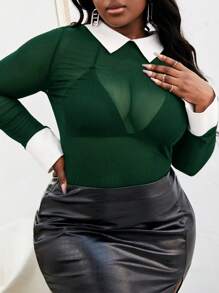 Slaydiva 大码时尚 T 恤，采用网眼对比和透视设计 - 墨綠色 - 查看 1