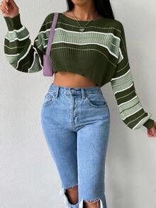 SHEIN Unity 條紋下垂肩短毛衣套頭 - 綠色 - 查看 6