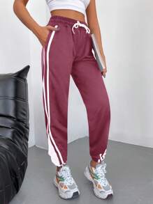 EURMUSE Quần nỉ có đường may bên hông tương phản, có dây rút ở eo, túi xéo - Hồng - Xem 3