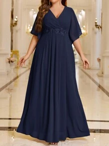 SHEIN Belle Vestido de dama de honor de talla grande con cuello en V bordado de unicolor con cintura, elegante vestido formal para fiesta de noche, boda, graduación, cena o fiesta