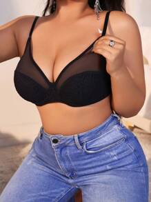 SHEIN 大尺碼女性網紗拼接文胸上衣 - 黑色 - 查看 3