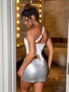 Lễ hội Y2K Trắng lấp lánh Sequin Grommet Dây giày phía trước Một vai Backless Hanky Hem Overbust Shapewear Corset Crop Club Top - trắng - Xem 2