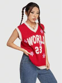 ROMWE Street Life 復古運動風格戶外街頭寬鬆毛衣背心女裝,休閒可愛 - 黑與白 - 查看 5