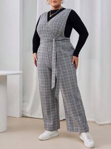 SHEIN Essnce 女士時尚大碼格紋連體褲 - 灰色 - 查看 5