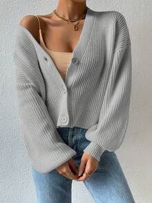 SHEIN EZwear 落肩袖燈籠袖條紋針織開襟衫 - 淺灰色 - 查看 4