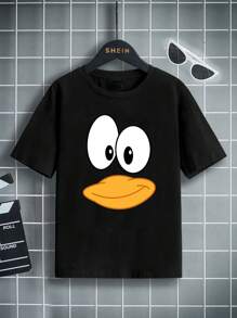 青少年男孩卡通圖案短袖圓領t卹,適用於夏季穿著 - 黑色 - 查看 1