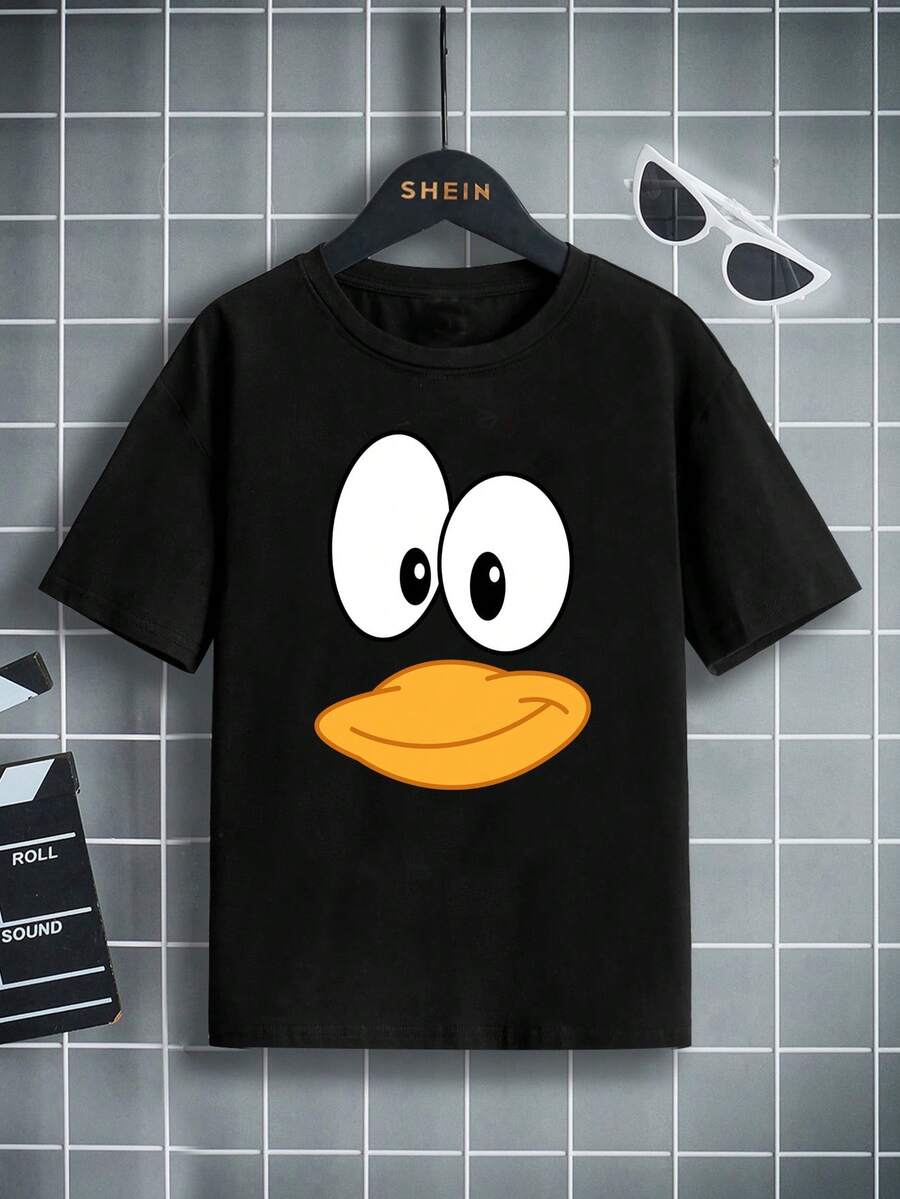 青少年男孩卡通圖案短袖圓領t卹,適用於夏季穿著 - 黑色 - 查看 1