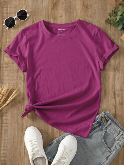 INAWLY Einfaches Und Lässiges T-shirt Mit Kurzem Ärmel, Einfarbig Und Rundem Ausschnitt Für Damen