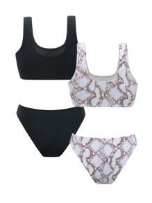 SHEIN Swim 4 Cái/bộ Bộ Bikini Màu Trơn Và In Hình Rắn Phù Hợp Với Bộ Đi Biển Mùa Hè - Nhiều màu - Xem 3