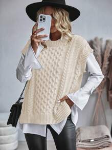 SHEIN Essnce 女士高領肋紋針織毛衣背心 - 杏色 - 查看 1