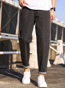 Manfinity Homme Jeans casuales entallados para hombre con bolsillos en diagonal, jeans negros lisos y ajustados, jeans cargo negros lisos lavados, regalos para esposo y novio