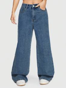 ROMWE Street Life Quần Jeans Nữ Dáng Thẳng Đơn Giản Màu Trơn Thêu Chữ Vine Phong Cách Đường Phố - Màu xanh lam - Xem 5