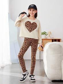 Cô gái Tween In trái tim & Da báo Áo chui đầu & Xà cạp - Màu Khaki - Xem 3